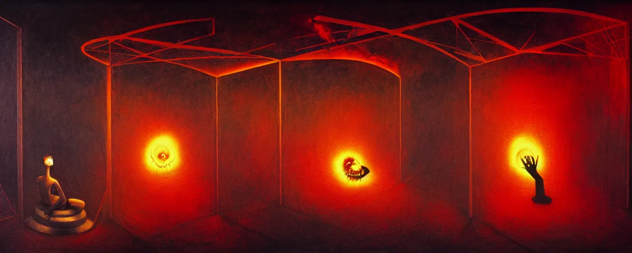 Image similar to trapped hedonic treadmill, dark uncanny surreal painting by ronny khalil, shaun tan, and kandinsky, dramatic lighting from fire glow, mouth of hell, ixions wheel