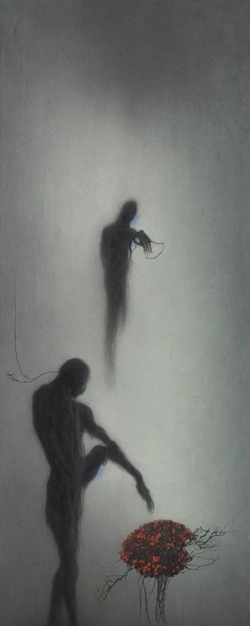 Prompt: dark figure tending to a dried flower in a dark room, zdzislaw beksinski, stephen gamell, 8 k, artstation