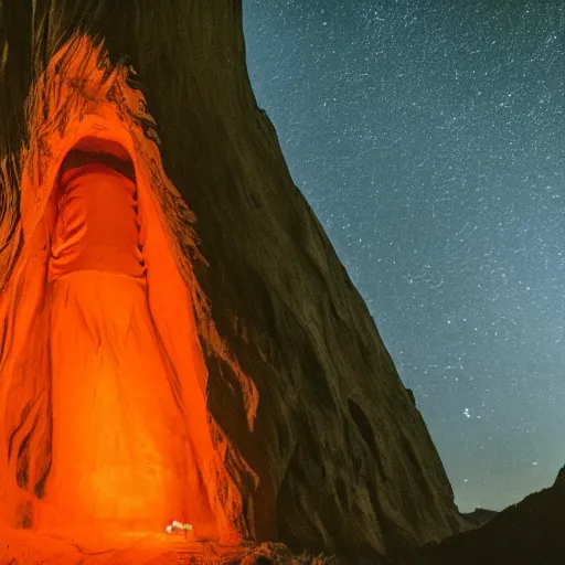 Prompt: photo of a giant orange glowing transparent humanoid of one thousand feet of height standing next to a building inside a cave