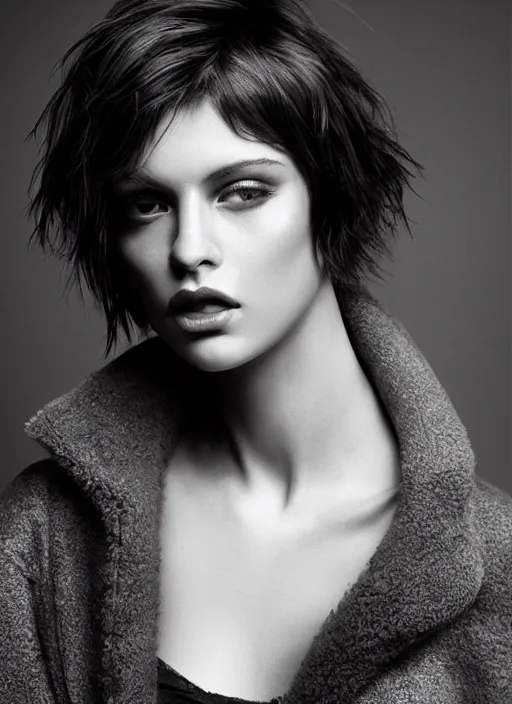 Image similar to a gorgeous female with short hair, photo by mert alas, mert and marcus, realistic, full body shot, wide angle, sharp focus, 8 k high definition, insanely detailed, intricate, elegant, floating embers
