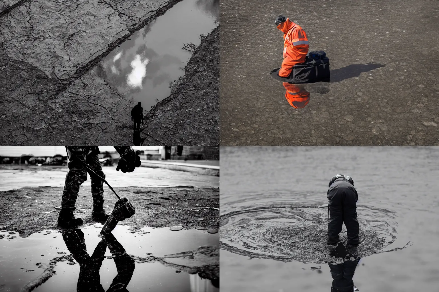 Prompt: among us crewmate standing by a reflective puddle of water, award winning photo, hyperrealistic, 4k