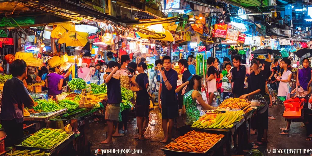 Prompt: bangkok night market with food stalls and vegetable stands, raining, photography