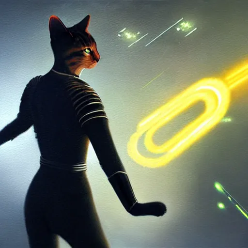 Image similar to UHD photorealistic Feline-Humanoid Starfleet Officer firing a phaser at the borg in the style of tonalism by Greg Rutkowski