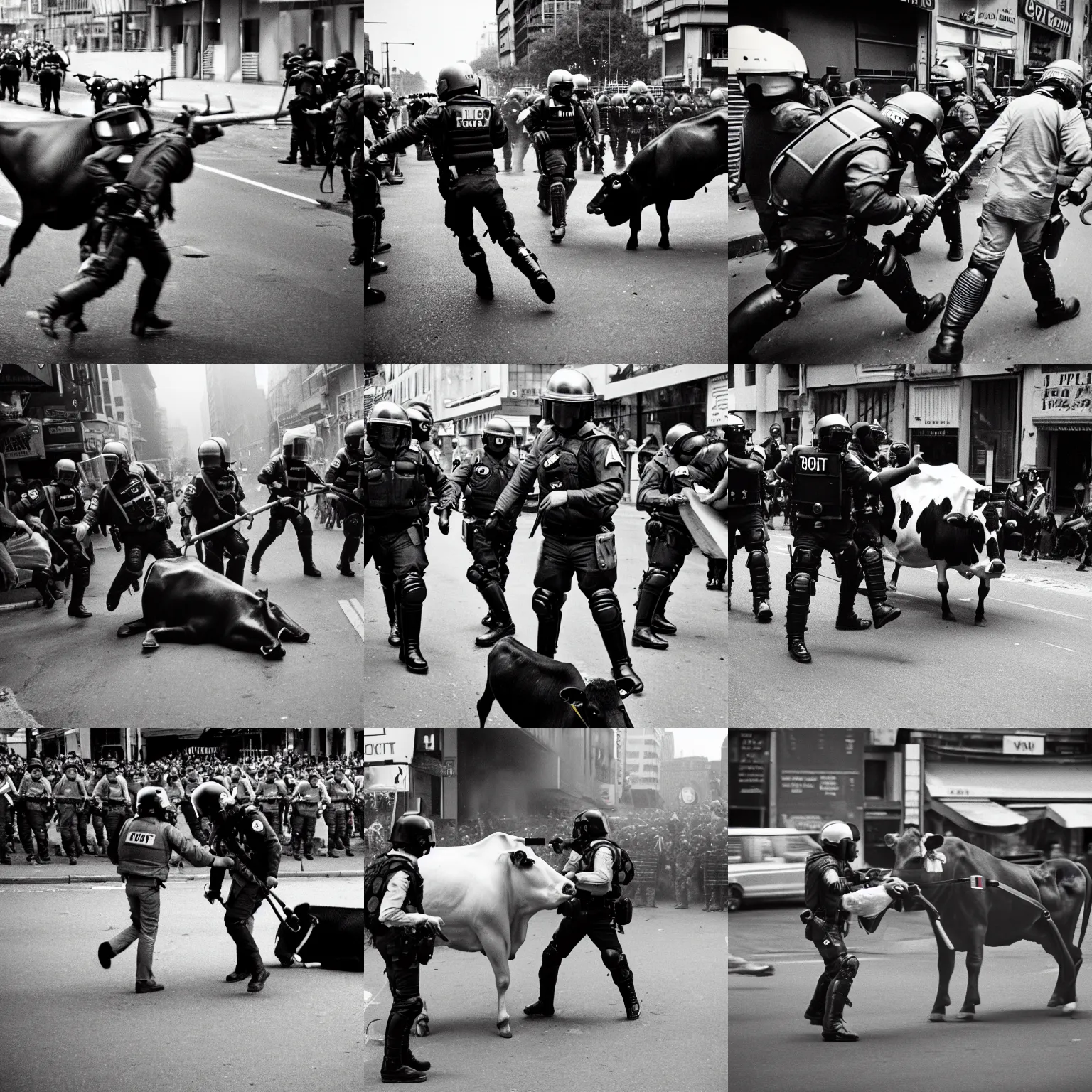 Prompt: riot police beating a cow, leica m 9, voigtlander 3 5 mm, 1 9 7 0 s