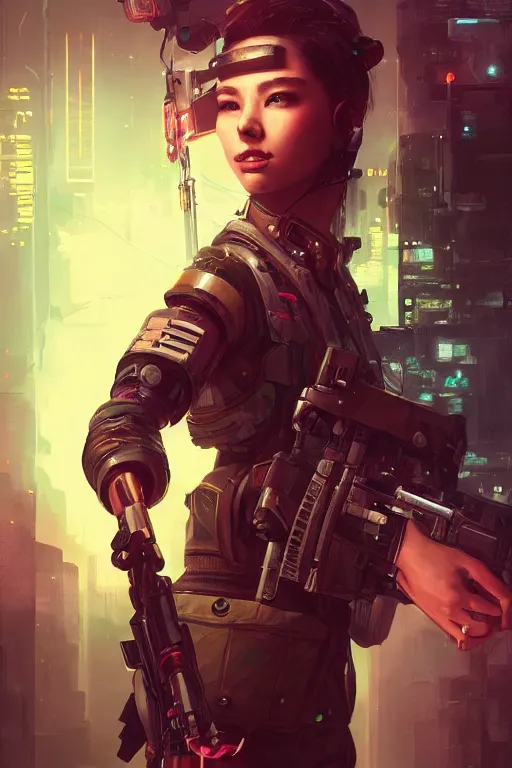 Image similar to beautiful portrait of a cyborg mercenary girl holding a rifle, art by wlop, artgerm, liam wong, cyberpunk, neon, intricate details, trending on artstation, sharp focus, caustics, octane render, radiant light, 4 k