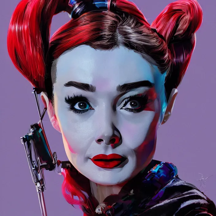 Image similar to portrait of Audrey Hepburn as a harley quinn. intricate abstract. intricate artwork. by Tooth Wu, wlop, beeple, dan mumford. octane render, trending on artstation, greg rutkowski very coherent symmetrical artwork. cinematic, hyper realism, high detail, octane render, 8k, iridescent accents