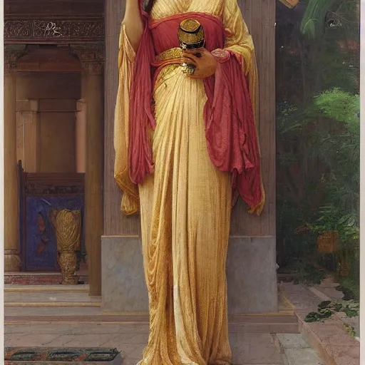 Image similar to orientalist portrait of a moorish female sage wearing a golden robe smoking a pipe in a sandstone temple intricate portrait by john william waterhouse and Edwin Longsden Long and Theodore Ralli and William-Adolphe Bouguereau, very coherent symmetrical artwork. Cinematic, hyper realism, high detail 8k