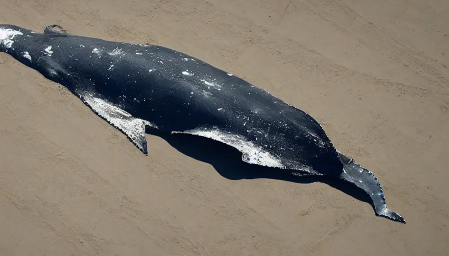 Image similar to astronaut suit in the shape of a whale, washed up on the beach. cnn news footage taken from above.