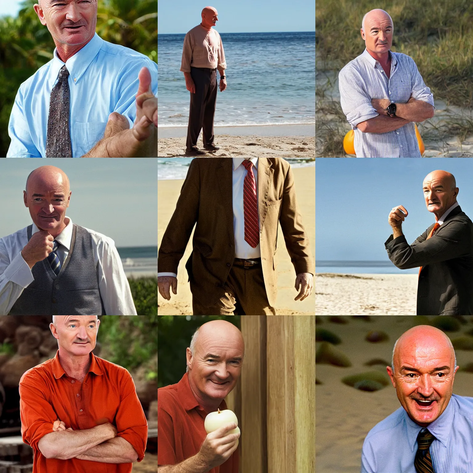 Image similar to terry o'quinn as john locke, orange peel smile, beach, lost