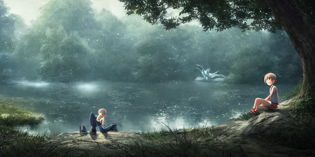 Image similar to a silver dragon and a boy sitting next to lake in forest, many fireflys, at night, concept art, dof, cryengine, digital art, detailed background, makoto shinkai