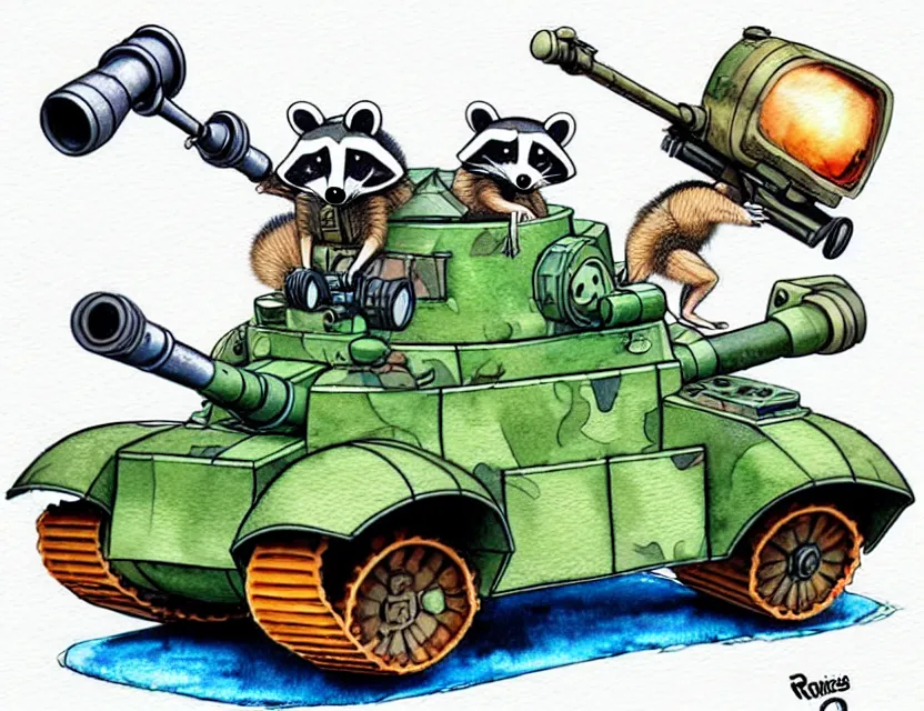 Image similar to cute and funny, racoon wearing army helmet riding in a tiny tank with large cannon, ratfink style by ed roth, centered award winning watercolor pen illustration, isometric illustration by chihiro iwasaki, edited by range murata