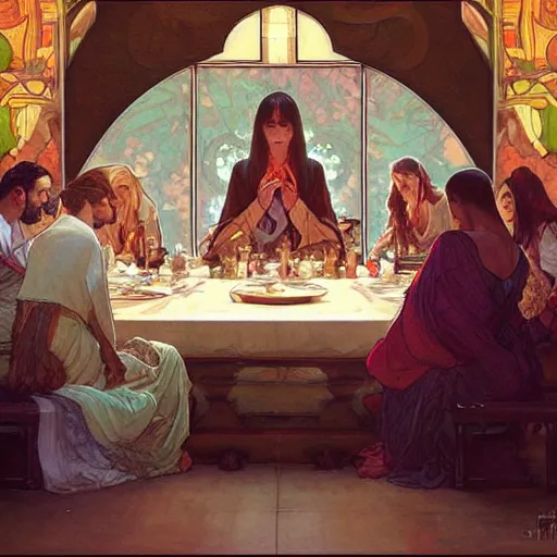 Prompt: The Last Supper Beautiful painting by Artgerm and Greg Rutkowski and Alphonse Mucha