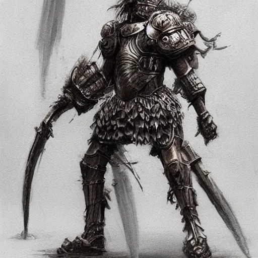 Prompt: were lion warrior concept art, lion headed, armored arms, armored legs, wearing ancient armor, beksinski