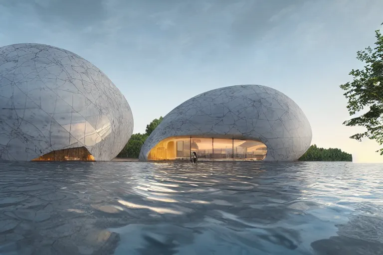 Image similar to an egg shaped building space of different sizes intersects and combines together. on the calm lake surface, people's perspective, future, interior wood, marble, award winning, highly detailed 4 k art, dusk, unreal engine highly rendered, global illumination, radial light, internal environment by kazuyo sejima