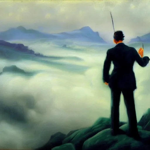 Prompt: a man in black suit with a cane standing on a rock above clouds, in the back sachsische schweiz rocks in misty fog, rough oil romantic painting, light blue, white, mixed with light pink and dull dark green paint some sunlight