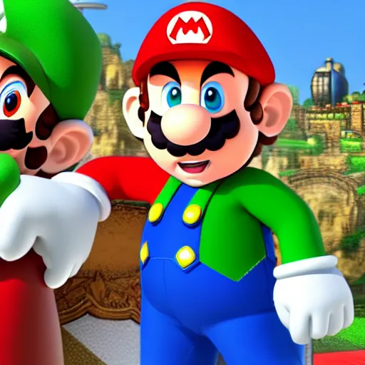 Prompt: Mario and Luigi wearing Hermes suits, photorealistic, ultra-detailed, 4k high resolution, HDR shot