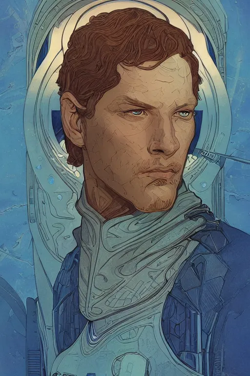 Image similar to frank herbert's dune themed majestic paul atreides blue eyed fremen prophet sketch by sachin teng, moebius, artgerm, alphonse mucha, masterpiece, intricate organic painting, matte painting, futuristic geometrical drawing shapes, desert ambience, hard edges, cinematic character art movie poster by drew struzan, graffiti, street art by sachin teng