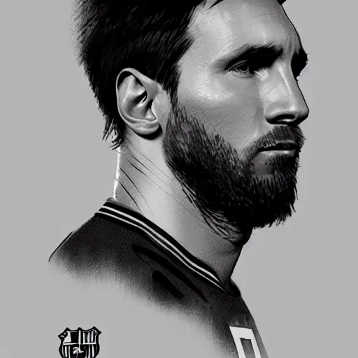 Image similar to a well designed portrait of Messi , detailed, realistic, sketch style, Artstation,Greg Rutkowski, 8K resolution.