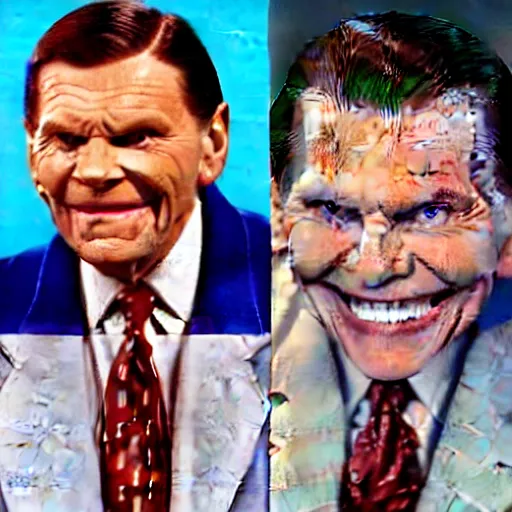 Prompt: pastor kenneth copeland cosplaying as the joker