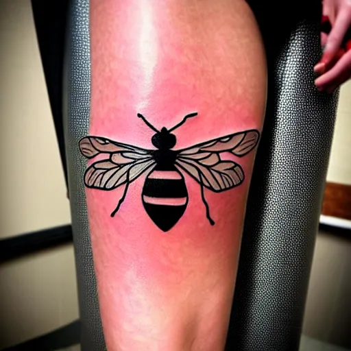 Image similar to detailed tattoos in the style of bee movie on a female leg, crimson - black color scheme, wearing miniskirt, cinematic seductive lighting, beautiful composition