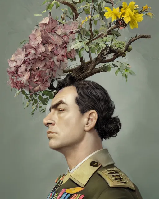 Image similar to a beautiful portrait photo of a military general man, looking angry, covered by hibiscus, daffodils, hydrangea, montsera leaves by tom bagshaw and zach sutton, very detailed, artstation, 8 k