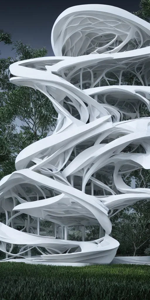 Image similar to white villa 3 d parametric architecture fluid design, vincent callebaut well - defined style, ultra detailed, hyperrealistic, monochromatic, natural volumetric lighting, generative art nebula, photo realistic, archviz, flow everywhere, black metal, magnesium, 8 k, unreal engine