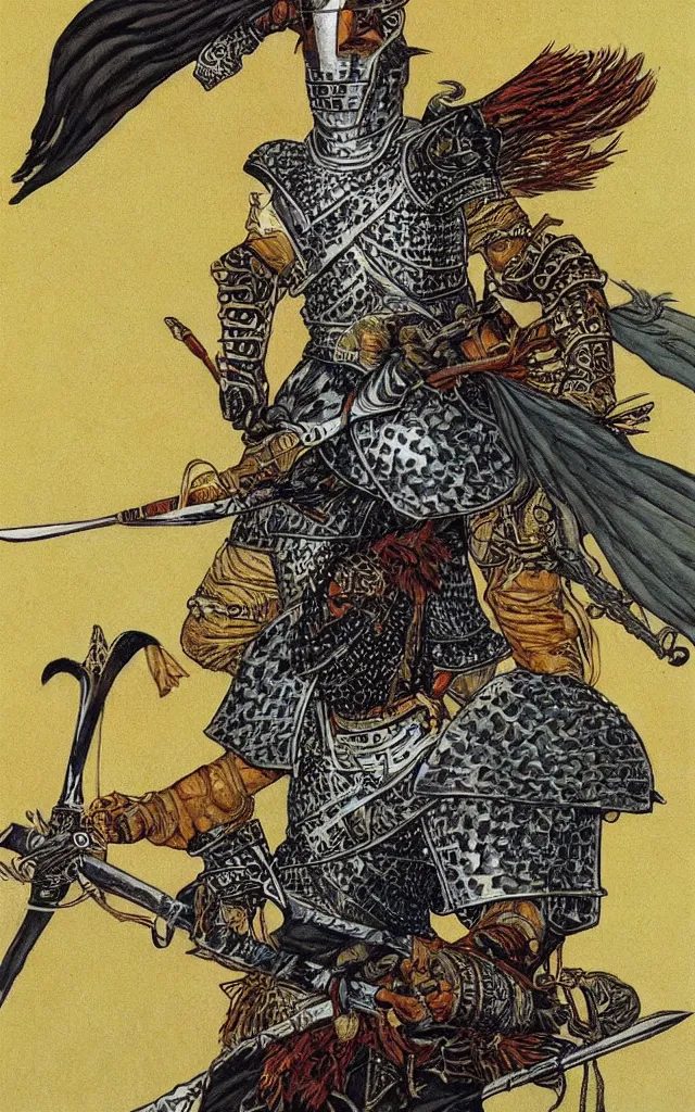 Prompt: portrait of a warrior with a sword and spear, wearing armour made of griffin feathers, by larry elmore