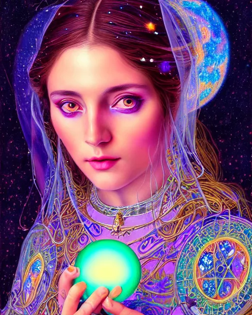 Image similar to portrait of an ethereal gypsy woman with detailed eyes, crystal ball, glowing face, in space with a half moon, photorealistic, colorful dress, in the style of ilya kuvshinov, donato giancola, holographic undertones, art nouveau zodiac galaxy background, intricate, flowing dress, smooth, sharp focus, dramatic lighting, illustration, hdr, artgerm