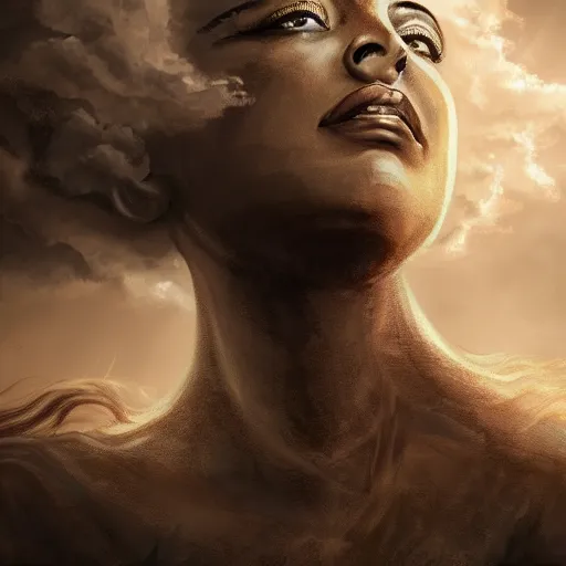 Prompt: a colossal goddess is watching us from above, creative, brown skin, giant, digital art, highly detailed, photo manipulation, dark clouds, town, covered in clouds, covered by clouds, dark gray hair, digital painting, artstation