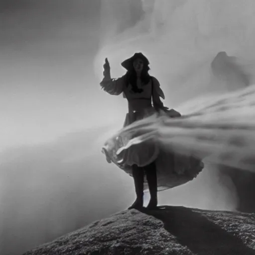 Image similar to 1 9 7 0's artistic western movie, a woman in a giant billowy wide flowing waving dress made out of white smoke, standing inside a dark western rocky scenic landscape, volumetric lighting