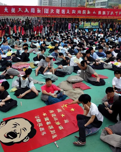 Image similar to tangping lying flat protest movement in china in front of a giant portrait of xi jinping