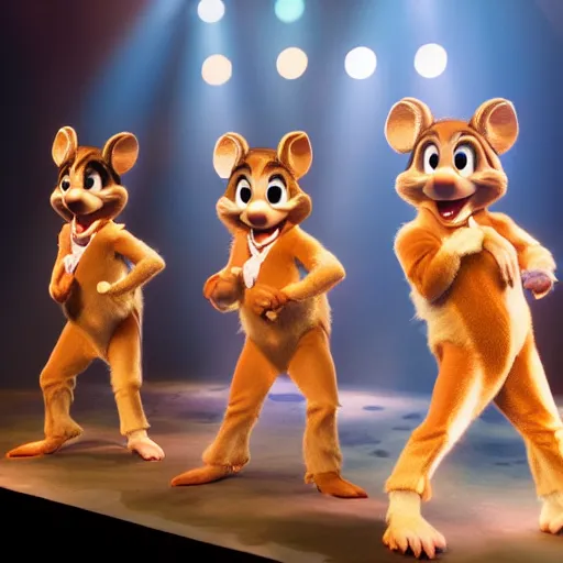 Image similar to Chip and Dale as Chippendale dancers, extremely detailed, 8k resolution, exciting stage lighting, theatrical fog