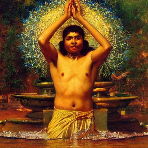 Prompt: highley detailed old srilankan buddhist monk drowning in liquid gold in baroque style, painting by gaston bussiere, craig mullins, j. c. leyendecker, lights, art by ernst haeckel, john william godward, hammershøi,