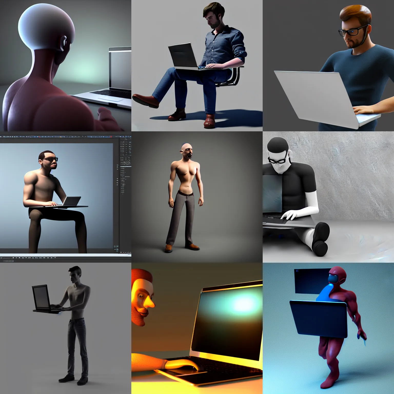 Prompt: a man with a laptop as body, octane render, unreal engine, ultradetailed, stylized as a 3 dimensional render