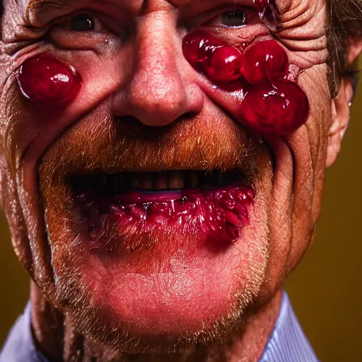 Prompt: closeup portrait of happy bryan cranston mouth filled with cranberies, submerged in cranberries, food photography, natural light, sharp, detailed face, magazine, press, photo, steve mccurry, david lazar, canon, nikon, focus