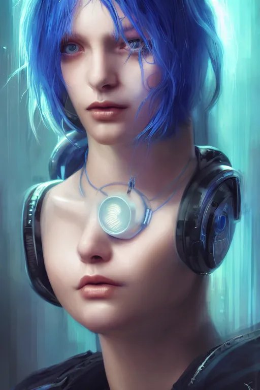 Prompt: A cyberpunk programmer girl with blue hair, depressed, works with AI, feels helpless, deep blues of AI tech office, cinematic lighting, hyper-detailed, cgsociety, 8k, high resolution, in the style of Charlie Bowater, Tom Bagshaw, Alexis Franklin, Elena Masci, Pawel Rebisz