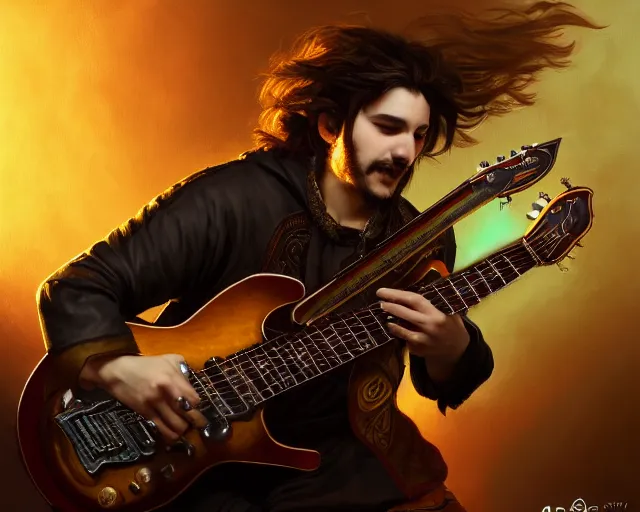 Image similar to photography of bard wearing a band shirt while playing a black electric guitar at a tavern concert, 8 k, deep focus, d & d, fantasy, intricate, elegant, highly detailed, digital painting, artstation, concept art, matte, sharp focus, illustration, hearthstone, art by artgerm and greg rutkowski and alphonse mucha