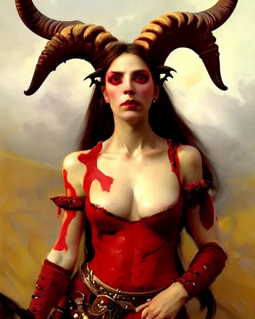 Image similar to painted close - up portrait of an attractive red - skinned intimidating demon girl with ram horns. oil painting, wearing a noblewoman's outfit, fantasy art by greg rutkowski and john singer sargent and gaston bussiere, demon noble character design