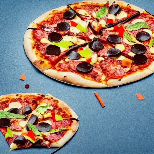 Image similar to pizza with cigarette buts and ash, raw chicken fillets, pineapple slices, with chocolate sauce and sprinkled with confetti