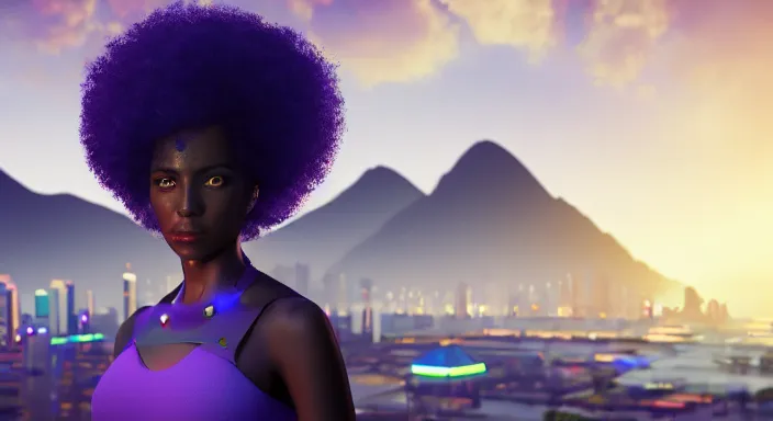 Image similar to portrait of beautiful cyberpunk black woman with afro hair, rio de janeiro pao de acucar corcovado ipanema on the background, blue and purple digital art trending on artstation, beeple, soft lighting, bokeh