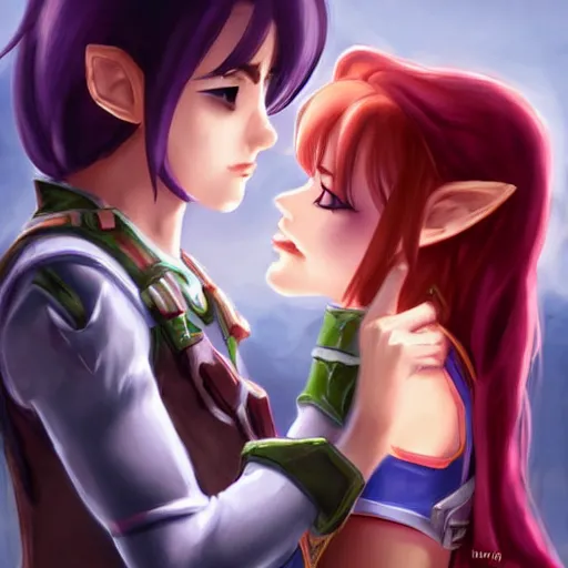 Prompt: female link and malon kissing, concept art, highly detailed