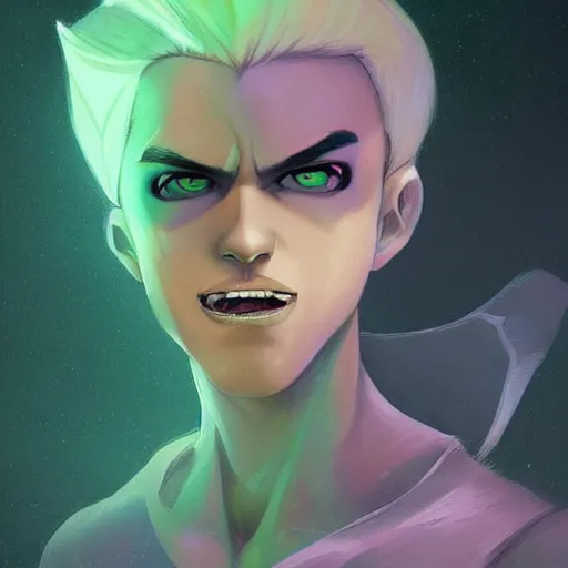 Prompt: A digital matte intricate illustration concept art of young Danny phantom with snow white hair and glowing green eyes and pointy canine sharp teeth fangs alt art fashion inspired art by Charlie Bowater and WLOP and Mark Arian and Ross Tran + neon colors, symmetry , intricate complexity, epic composition, magical atmosphere, highly detailed, cinematic lighting + masterpiece, trending on artstation + 8k