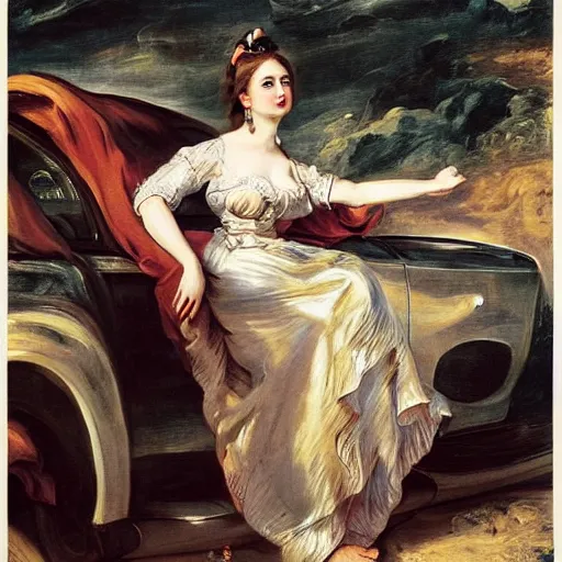 Image similar to heavenly summer sharp land sphere scallop well dressed lady waiting in front of a car, auslese, by peter paul rubens and eugene delacroix and karol bak, hyperrealism, digital illustration, fauvist, waiting in front of a car