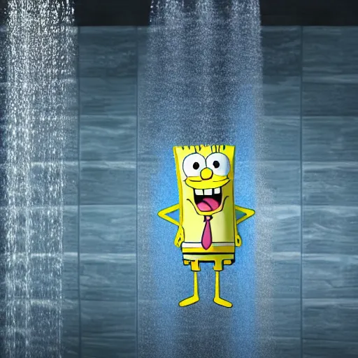 Image similar to spongebob standing in large shower, 4 k realistic photo