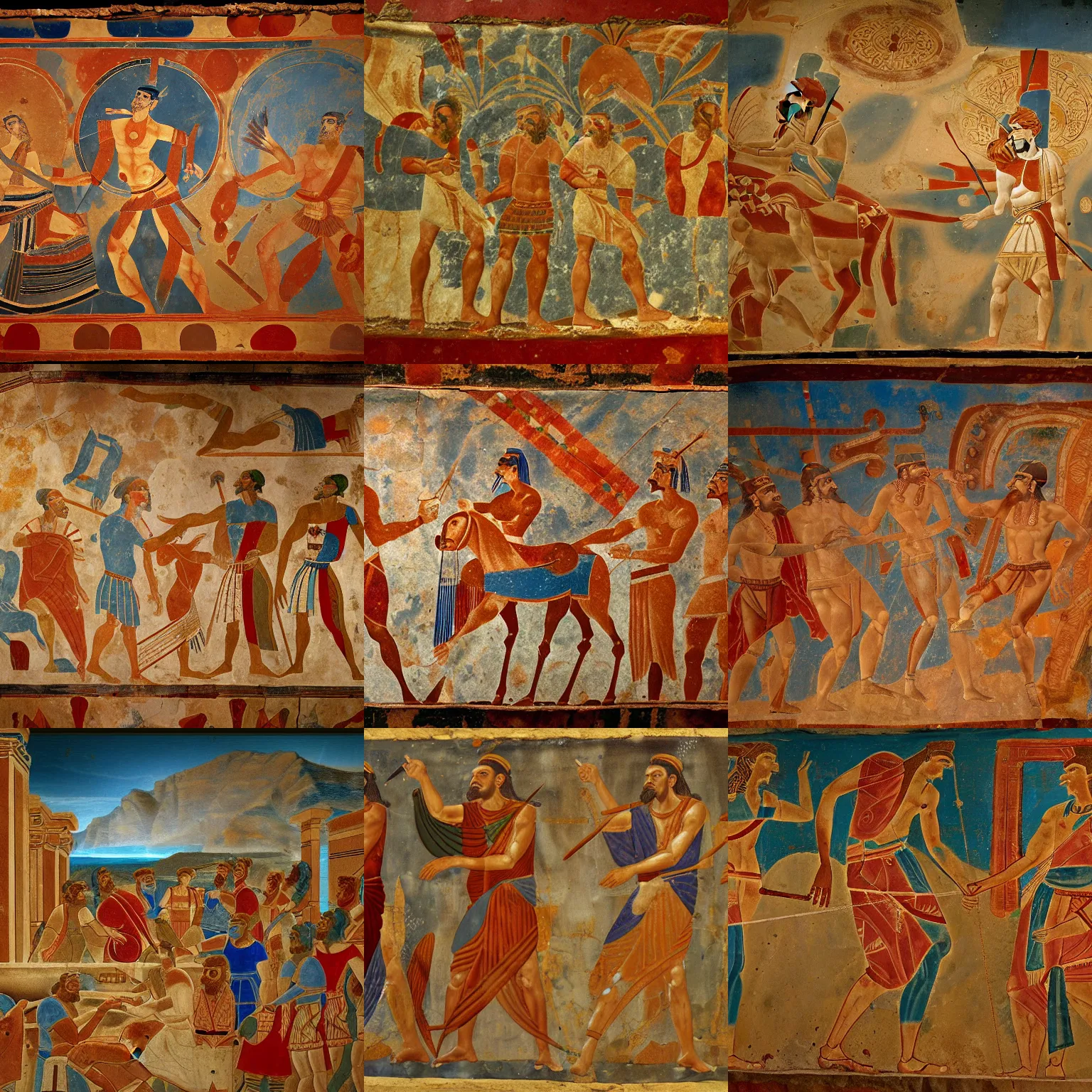 Prompt: the futility of overexertion, Minoan fresco, !redshift render!, circa 1600 b.c., highly detailed, 4k render, Smithsonian