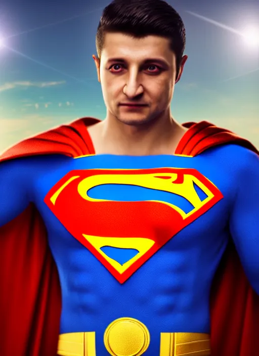 Prompt: volodymyr zelenskyy, ukrainian superman, ukrainian national clothes, portrait of young man, 8 k ultra realistic, lens flare, atmosphere, glow, detailed, intricate, full of colour, led lighting, 4 k, hyperrealistic, focused, extreme details, unreal engine 5, masterpiece