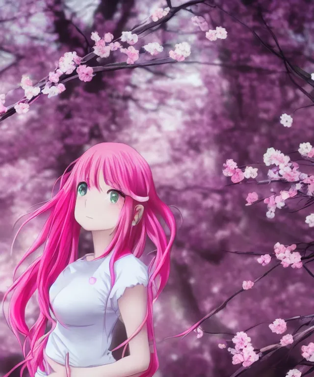 Image similar to anime girl, light pink hair with pink flames, video game, cherry blossoms, neo tokyo, portrait, perfectly symmetrical, 5 0 mm