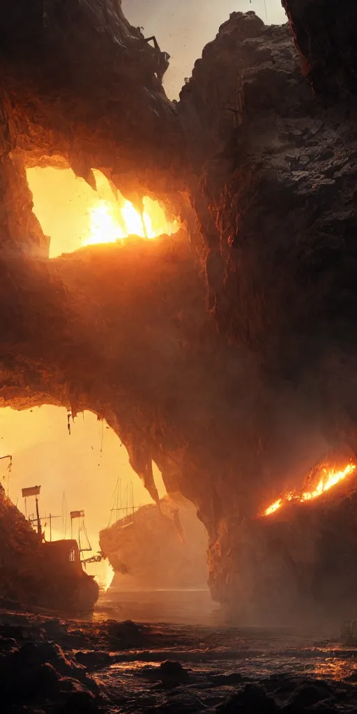 Prompt: Neil Blomkamp movie shot of a cave with a sinking pirate ship, masts and sails in fire, thick smoke, sunlight is coming from a hole above, very detailed, 8k, concept art