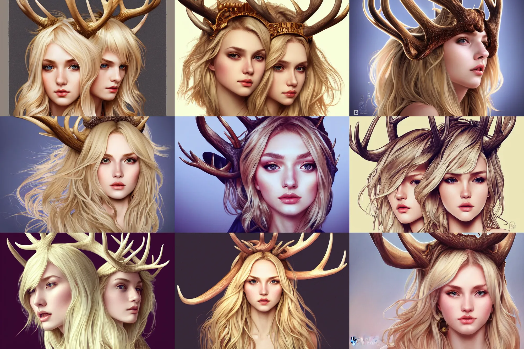 Prompt: blonde with minimalist - designer antler headwear, night, 4 k, ultra realistic, beautiful eyes, epic lighting, machines, high detail, masterpiece, trending on artstation by artgerm and akihito tsukushi and alphonse mucha, crayons