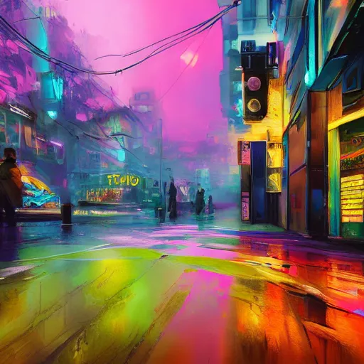 Image similar to digital art, strong emotional impact, bold pastel colors, spring day, expressive brushstrokes, puddles, an art deco streetscape lined with beautiful flowers, by liam wong and tyler edlin, trending on artstation